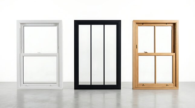 Three different styles of modern windows displayed sidebyside on a light grey floor against a white background