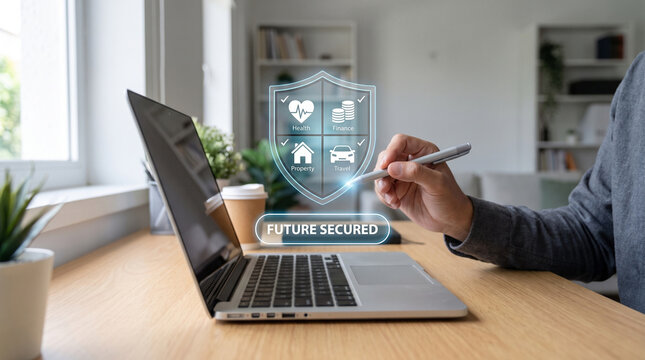 Hand using a stylus on a laptop showing a futuristic glowing shield hologram for health, finance, property, and travel insurance.