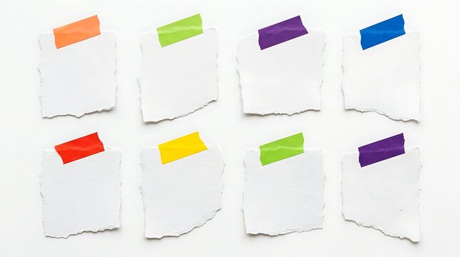Eight torn white paper notes with colorful tape, arranged in two rows of four, on a white background