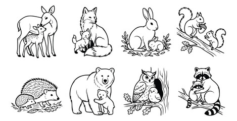 Obraz premium Cute woodland animal families line art vector set, black and white forest animals with baby offspring outline illustrations