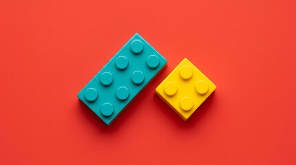 Obraz premium Two colorful toy building blocks, a teal rectangular block and a yellow square block, are placed on a vibrant red background