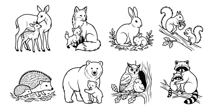 Cute woodland animal families line art vector set, black and white forest animals with baby offspring outline illustrations