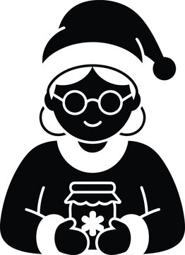 Minimalist black and white icon of smiling grandmother holding jar