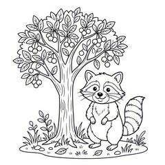Fototapeta premium Cute raccoon and cherry tree coloring page