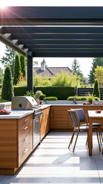 Modern outdoor kitchen design featuring wood cabinets, stainless steel grill, and dining area under a pergola