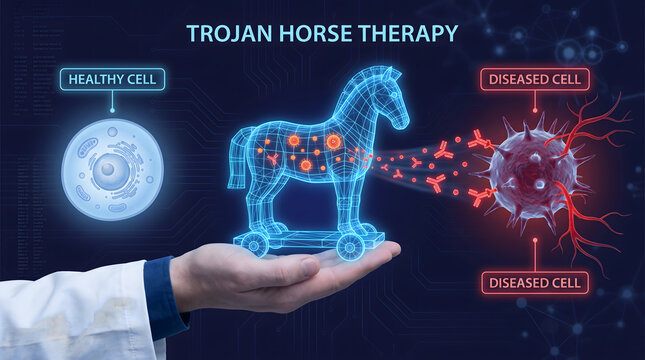 Trojan horse therapy medical concept illustration featuring a wireframe model held in a hand alongside healthy and diseased cells with glowing red virus icons on dark technological background