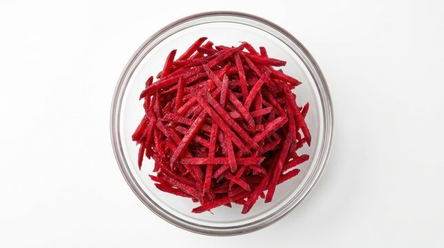 Fresh grated red beetroot salad julienne cut strips prepared in transparent glass bowl isolated on white background top view healthy nutrition