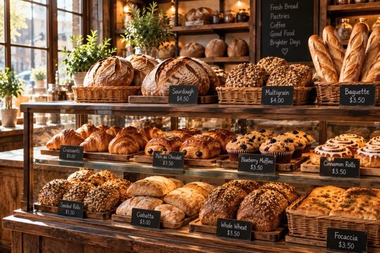 Rustic Bakery Display Case Filled with Fresh Bread