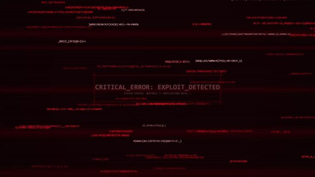 Digital glitch screen with red horizontal lines and text showing 'critical error exploit detected', conveying system failure, cybersecurity threat, data breach, or digital noise
