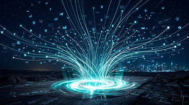 3D rendered digital data vortex and glowing fiber optic light streams erupting from swirling cyan ground portal with floating binary code and technology icons against dark starry night sky