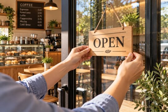 Hands Flipping an Open Sign at a Small Cafe