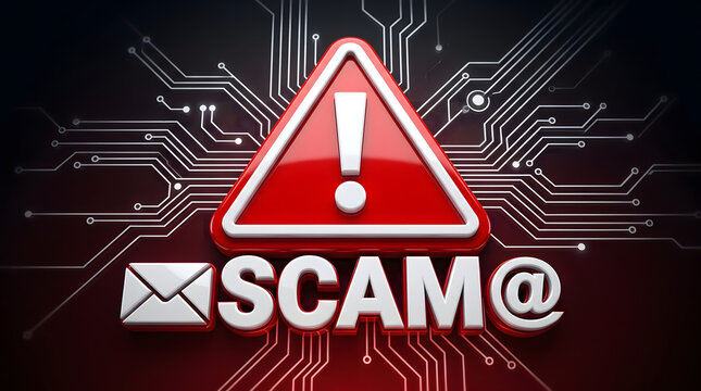 Glossy 3D red and white warning triangle symbol with an exclamation point positioned directly above white SCAM text featuring an at symbol and an envelope icon set against a dark digital circuit board