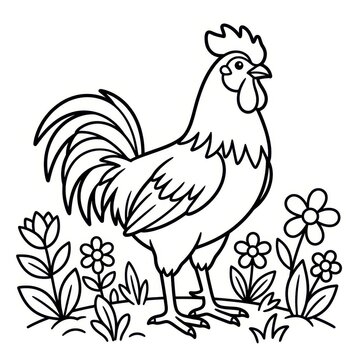 Cute rooster coloring book page with flowers