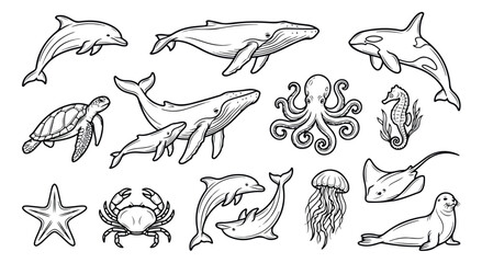 Obraz premium Sea Animals Line Art Vector Collection, Ocean Life Animals Coloring Page Clipart Set, Black and White Marine Wildlife Icon Illustrations