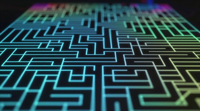 Neon maze glows with vibrant, shifting colors. Paths twist and turn into endless complexity