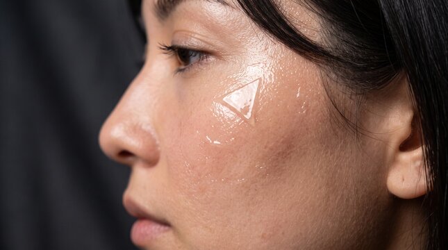 Asian woman face with transparent acne patch, close up skin care patch on cheek, hydrocolloid spot treatment photography
