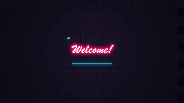 Vibrant neon welcome sign glowing bright pink on a dark textured brick wall background inviting wa
