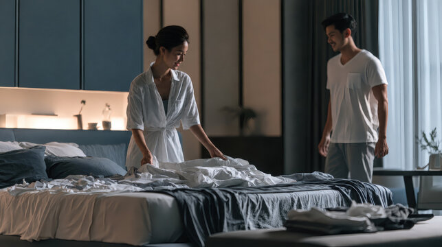 Young Asian couple making bed together in modern luxury bedroom at morning