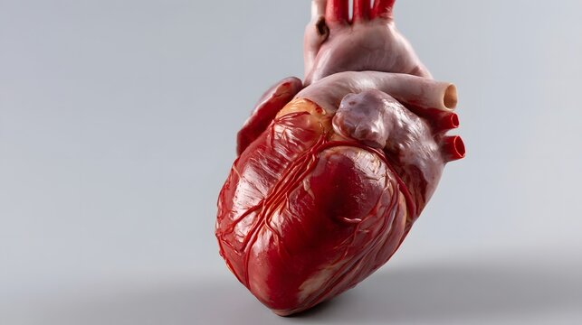 A detailed anatomical model of a human heart with visible chambers  valves  and major blood vessels against a neutral background