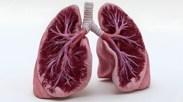 Anatomical model of human lungs showing bronchial tree and vascular network in detailed medical illust n