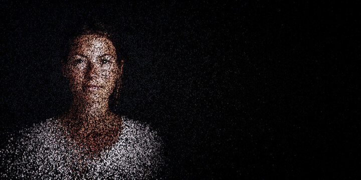 Digital ID Portrait of Woman with Face made up of Code. Behavioral biometrics Concept with copy-space.