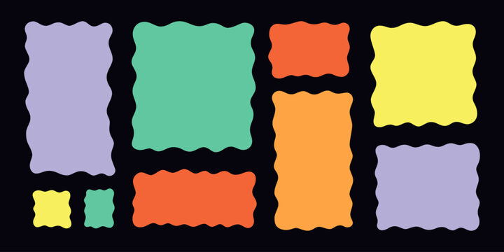 Wavy rectangle frames set. Wave edge square shape. Organic doodle border. Abstract irregular collage form. Blank rectangle text box. Design element. Vector illustration isolated on black background.