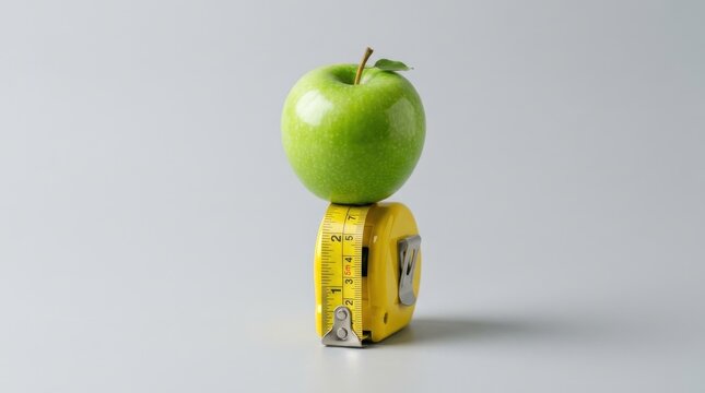 Fresh green granny smith fruit balanced perfectly on top of a yellow metal measuring tape isolated against a clean minimalist light grey studio
