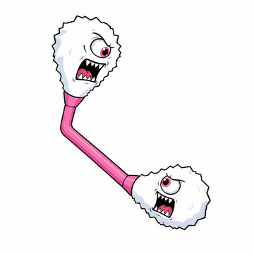 A bizarre pink cotton-swab chimera with two fluffy white ends transformed into angry cyclops faces with sharp cartoon teeth, illustrated as a quirky floating 2D household mutant on white.