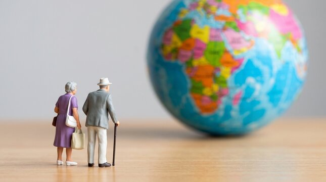 Miniature figurines of an elderly couple standing on a wooden surface looking at a globe with man woman stand