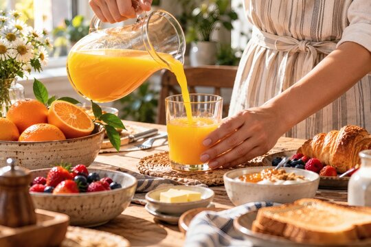 Hands Pouring Fresh Orange Juice into a Glass