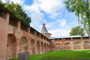 peaceful brick fortress wall standing in open area with grass and trees side view. red and green historical architecture with metal roof and turrets. serene and dramatic. Saraisk, Russia, © Elena