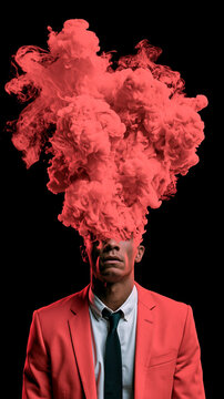 Surreal portrait of businessman with exploding red smoke head, mental burnout concept