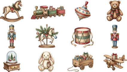Obraz premium Set of vintage watercolor illustrations featuring classic childhood toys like rocking horses trains teddy bears and nutcracker dolls