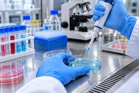 Gloved Hands Pipetting Liquid into a Petri Dish