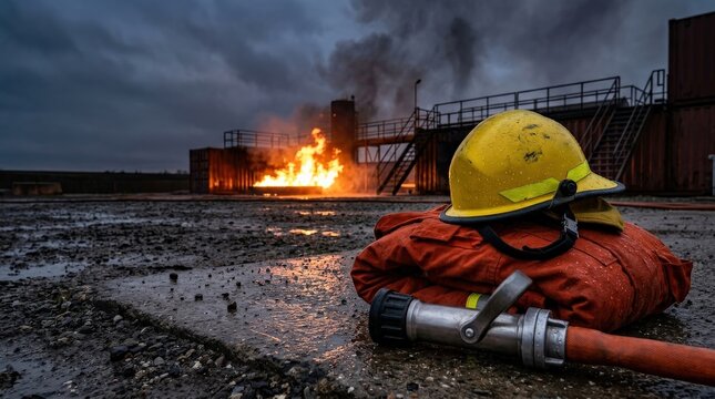 Professional industrial firefighter gear and safety equipment with active fire training background