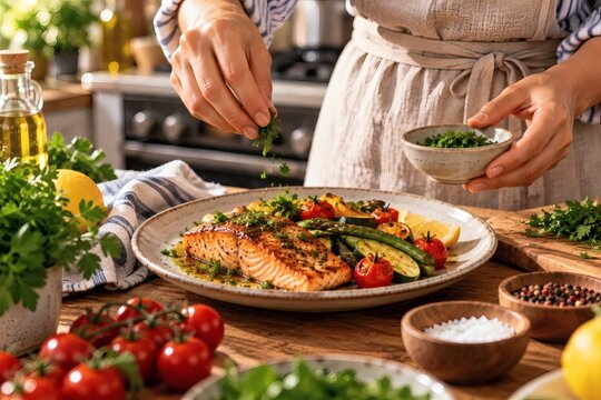 Hands Plating a Finished Dish with Fresh Herbs
