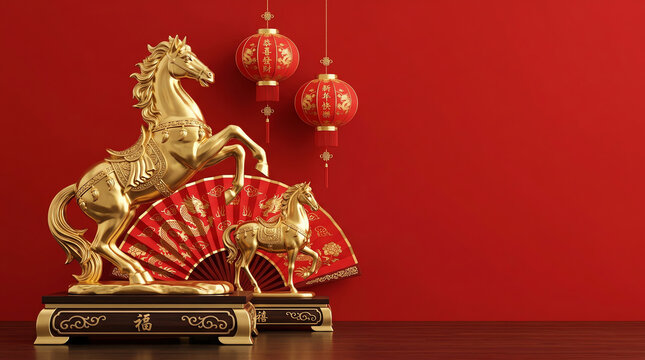 Golden horse statue with red fan on dark surface and red wall