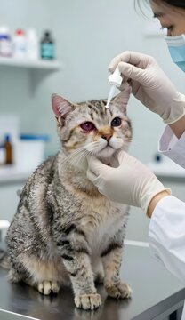 Veterinarian applying eye drops to a cat with eye infection in a clinic