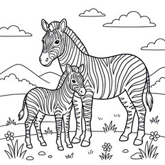 Obraz premium Cute zebra mother and baby coloring page illustration