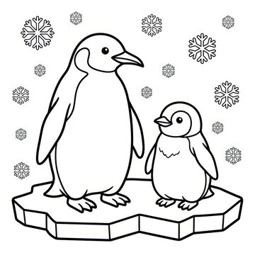 Penguin family coloring page with snowflakes