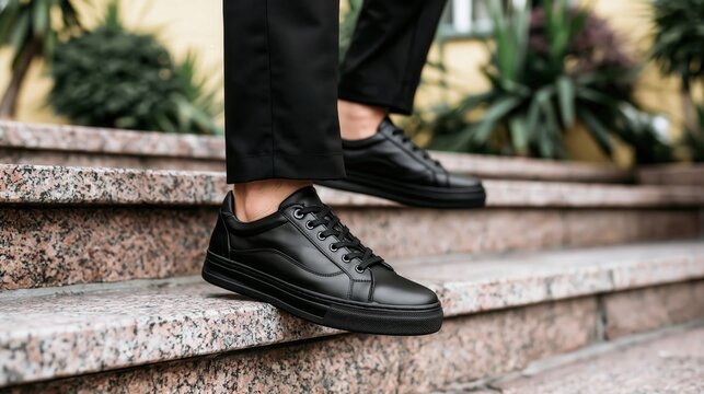 Person wearing fashionable black leather sneakers walks down stone stairs.