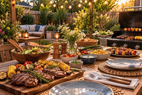 Backyard Summer Barbecue Setup with Grilled Food