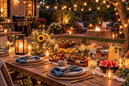 Backyard Summer Picnic Gathering with String Lights