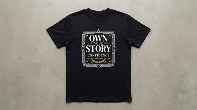Black t-shirt with yellow and white graphic design