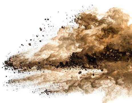 Explosion of brown powder particles, dust cloud moving dynamically