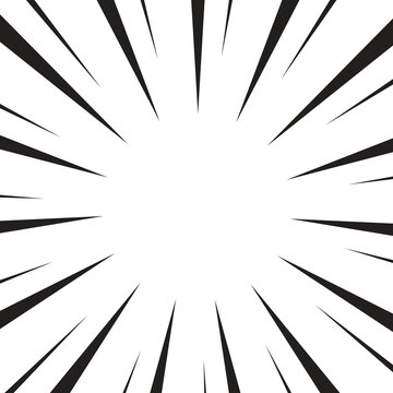 Black comic speed lines radial burst isolated on white background. Manga zoom rays pattern with sharp spikes in flat design style. Action sunburst element for banner, poster, and comic templates.