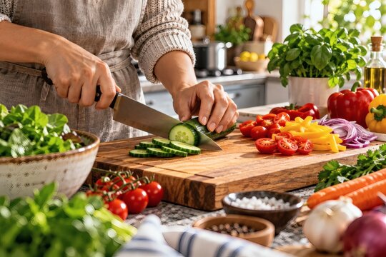 Hands Slicing Fresh Vegetables on a Wooden Cutting Board