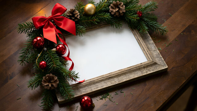 Christmas frame with fir branches, red ornaments, pine cones and a red ribbon on a dark wooden table, top view with copy space for text