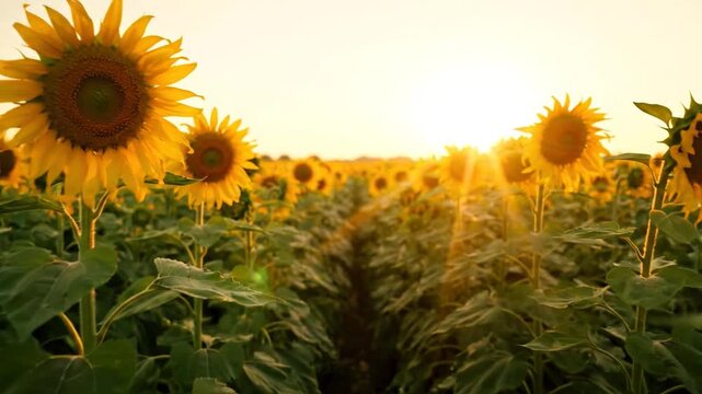 Golden Sunflower Field at Sunset with Sun Rays Shining Through Blossoms