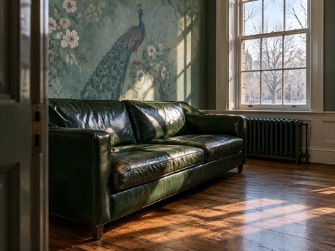 Deep bottle green leather couch with worn patches set against a peacock painted plaster wall